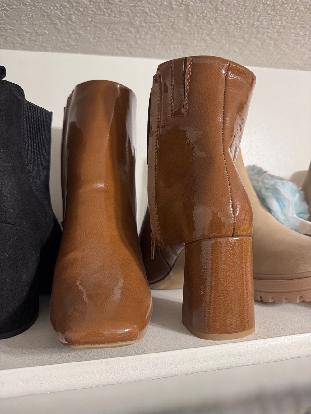 Sugar Patent Chestnut Brown Block Heel Ankle Boots